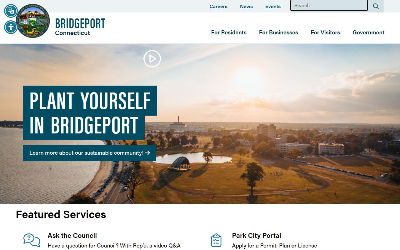 Bridgeport city website with links to government services and court docket information