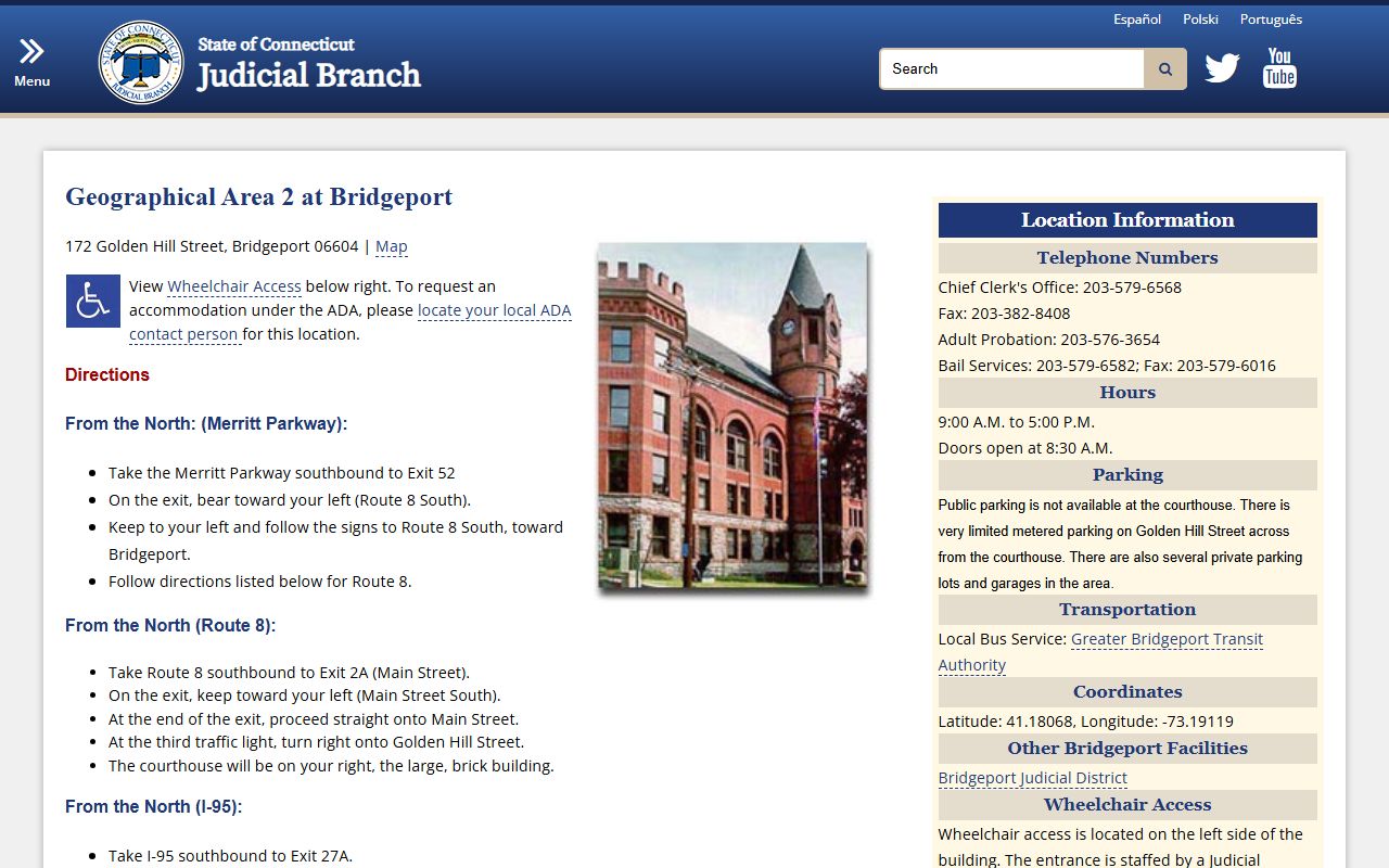 Fairfield County Bridgeport Judicial District courthouse for court docket records