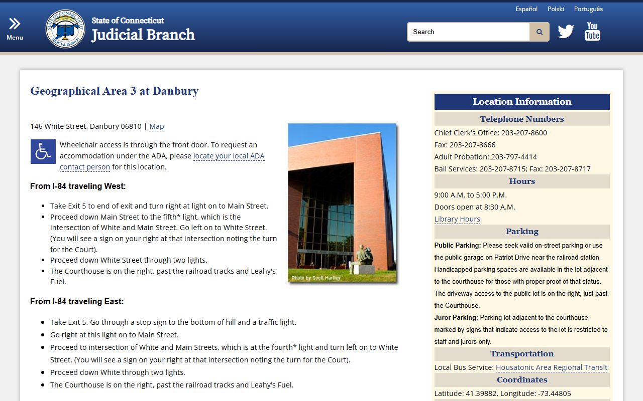 Danbury Judicial District courthouse for Fairfield County docket records