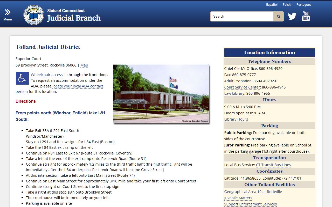 Tolland County Judicial District courthouse for court docket records in Rockville