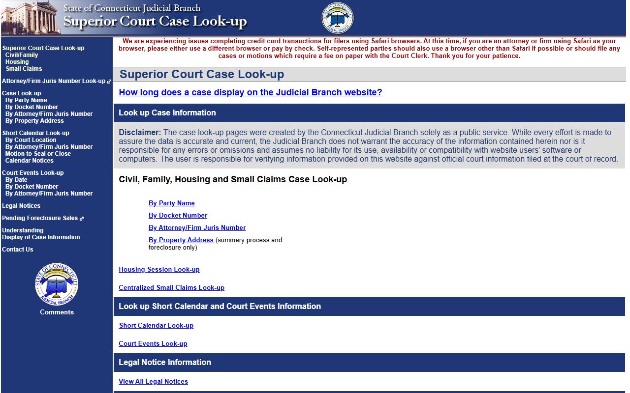 Connecticut civil and family court docket search tool