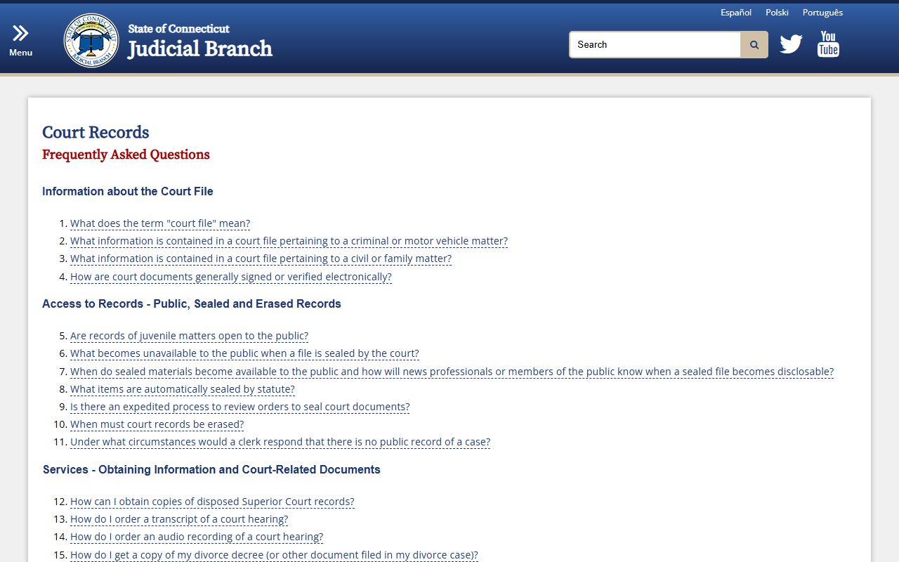 Connecticut court records FAQ page for New Haven docket record requests