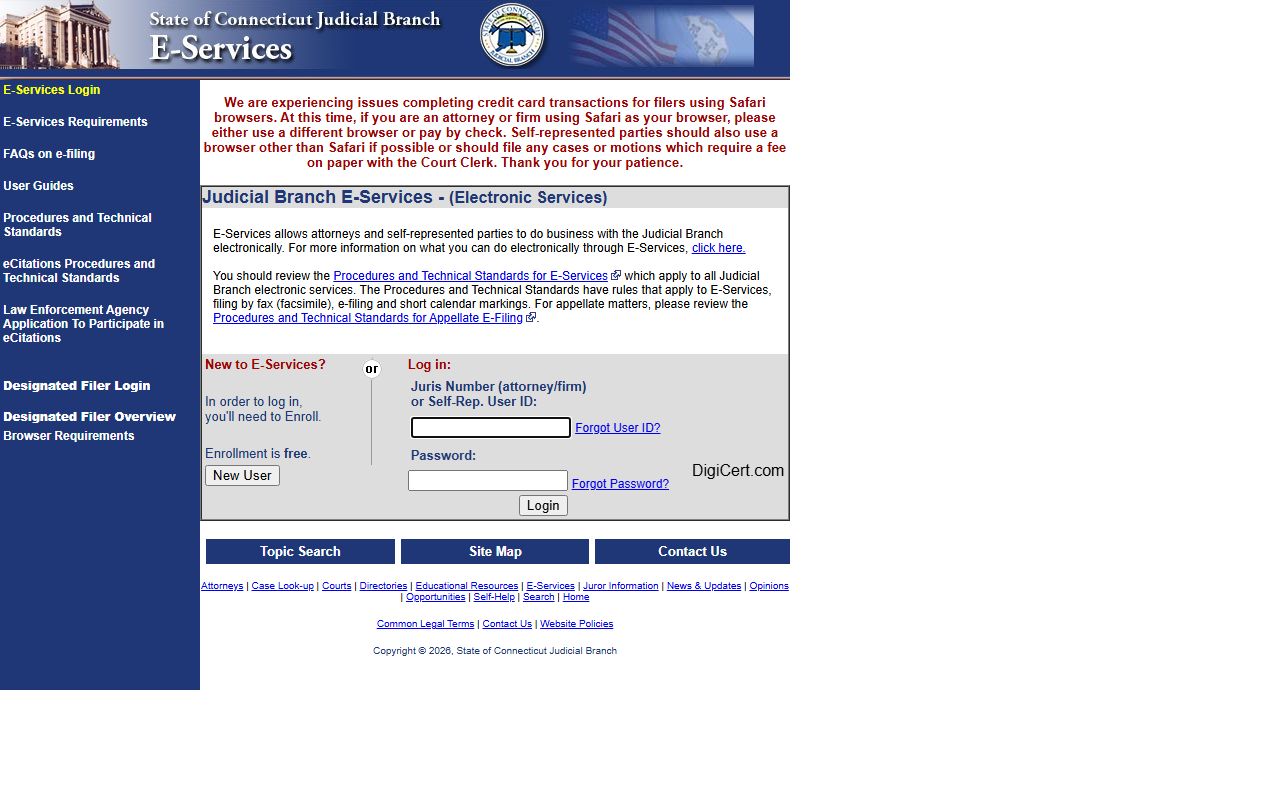 Connecticut E-Services portal for court docket records